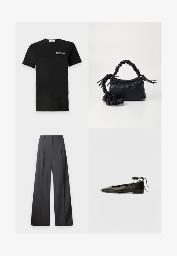 Černé bavlněné tričko s krátkými rukávy, s bílým logem "REPLAY" na levé části hrudi. Klasický design s kulatým výstřihem.; Široké kalhoty z tmavě šedé látky, s vysokým pasem, jedním skladem a hladkou texturou s čistým zakončením na lemech.; Černé kožené baletky s špičatou špičkou, vázáním na kotníku a plochou podrážkou, s hladkým povrchem a minimalistickým designem.; Černá kabelka z umělé kůže s krokodýlím vzorem, staženým vrškem a zmačkaným popruhem. Zdá se, že má měkký a kompaktní design.