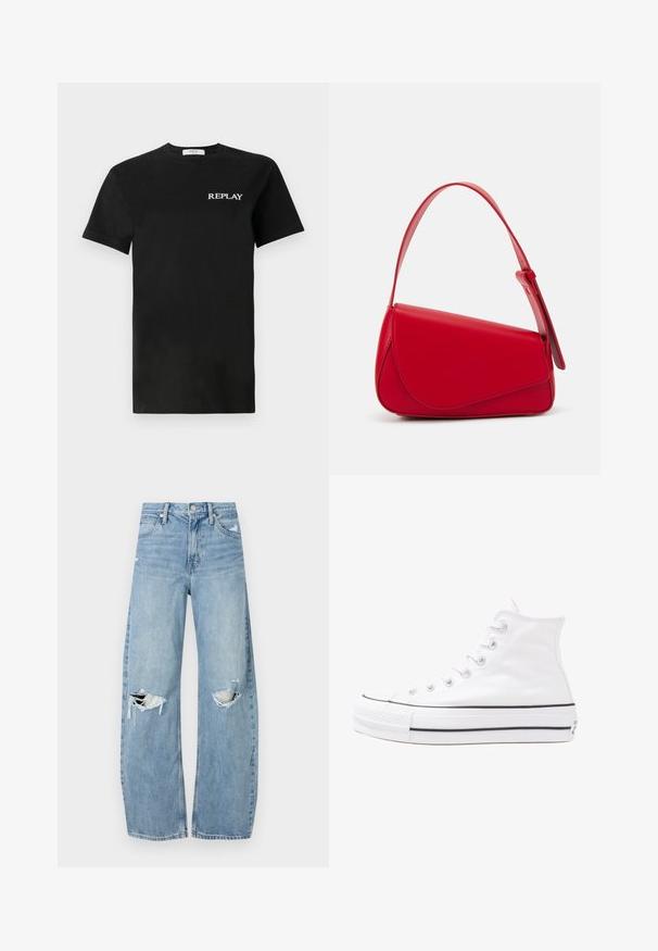 Black cotton t-shirt with short sleeves, featuring a white "REPLAY" logo on the left chest. Classic crew neck design.; Light blue, high-waisted jeans made of denim. Feature wide legs, two torn knee areas, and classic five-pocket styling.; White high-top canvas sneaker with black rubber sole, front rubber toe cap, and six eyelets for laces, featuring a clean, minimalist design.; Red leather handbag with an angular, geometric design. Features a single adjustable strap and a flap closure with stitched detailing.