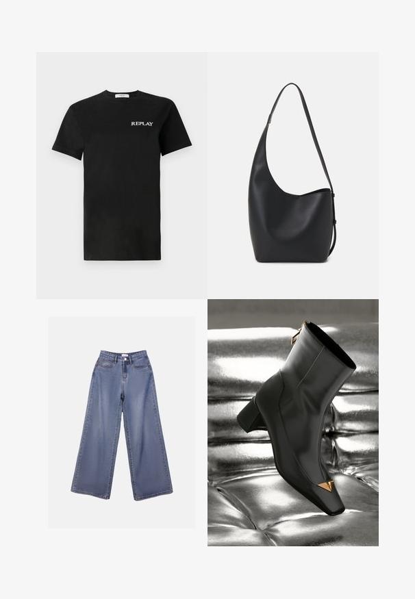 Black cotton t-shirt with short sleeves, featuring a white "REPLAY" logo on the left chest. Classic crew neck design.; Wide-leg denim jeans in a light blue wash, featuring a high waist, front pockets, and a button closure with belt loops.; Black leather ankle boot with a square toe, gold triangular accent, and mid-height heel. Smooth texture against shiny silver background.; Black leather hobo bag with a smooth texture, curved shape, and single adjustable strap; features a wide opening at the top.