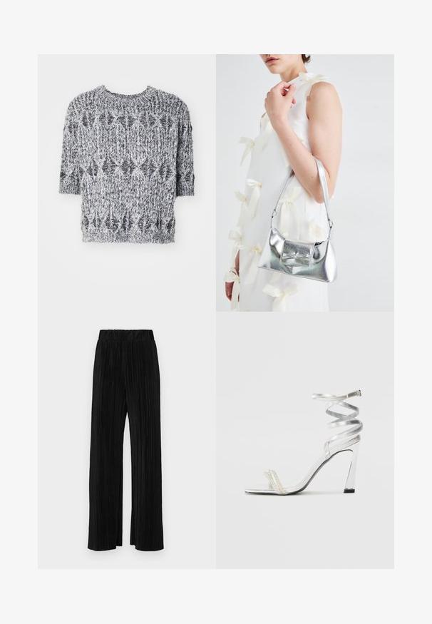 Lühikeste varrukatega must-valge kootud sviiter. Omab tekstuurset mustrit, ümmargust kaelust ja veidi lõdvemast lõiget.; Mustad pleekitud püksid elastse vöökohtaga. Omavad laiad jalad ja sujuvat, tekstureeritud kangast vertikaalsete triipudega.; Hõbedased kõrge kontsaga sandaalid läikiva rihma disainiga, millel on pärlilaadne aktsent ja keerduv pahkluu rihm turvaliseks sobivuseks.; Hõbedane metallik käekott struktureeritud kujuga, millel on ülemine sang ja ettepoole suunatud paeladetail. Sile tekstuur, peegeldav viimistlus.