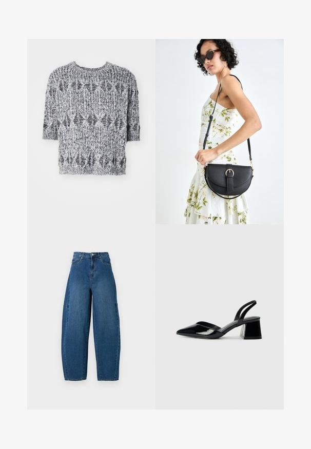 Pulover kratkih rukava, pleteni, u crnoj i bijeloj boji. Ima strukturirani uzorak s okruglim izrezom i blago labavim krojem.; Traperice u srednjem plavom pranju, s visokim strukom, širokim nogavicama i standardnim dizajnom s pet džepova, s vidljivim detaljima šivanja.; Crne lakirane kožne sandale s otvorenom petom i špicastim vrhom, s geometrijskom blok petom. Imaju elegantan, minimalistički dizajn i glatku teksturu.; Crna kožna torba s lukovitim oblikom, odvojivim remenom i zlatnim detaljima. Torba ima preklop s kopčom.