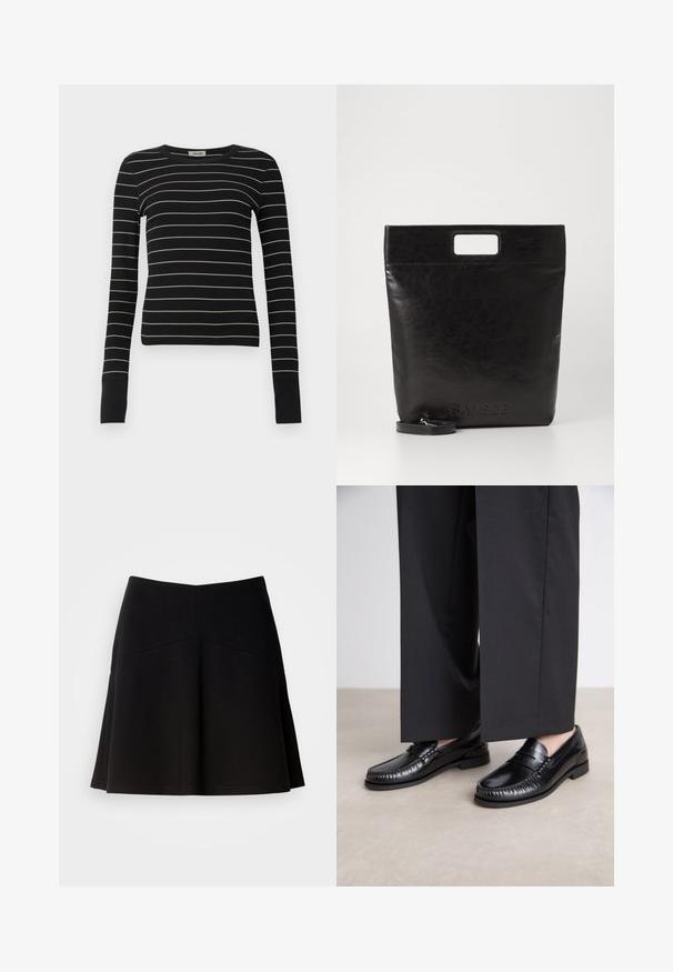 Musta pitkähihainen tiukka paita, jossa on ohuita valkoisia vaakaraitoja ja pidennetyt hihansuut, esillä yksinkertaisella valkoisella taustalla.; Mustassa leveässä hameessa on pehmeä kangas, jossa on muotoiltu vyötärö ja sauman yksityiskohtia. Sileä rakenne yksinkertaisella, klassisella muotoilulla.; Mustat nahka loaferit, joissa on sileä pinta, tikattu yksityiskohta varpaiden ympärillä ja matala kumipohja. Yhdistetty leveiden mustien housujen kanssa.; Musta nahkainen kassi neliskulmaisella kahvalla, jossa on teksturoitu pinta ja kohokuvioitu logo. Mukana irrotettava olkahihna.