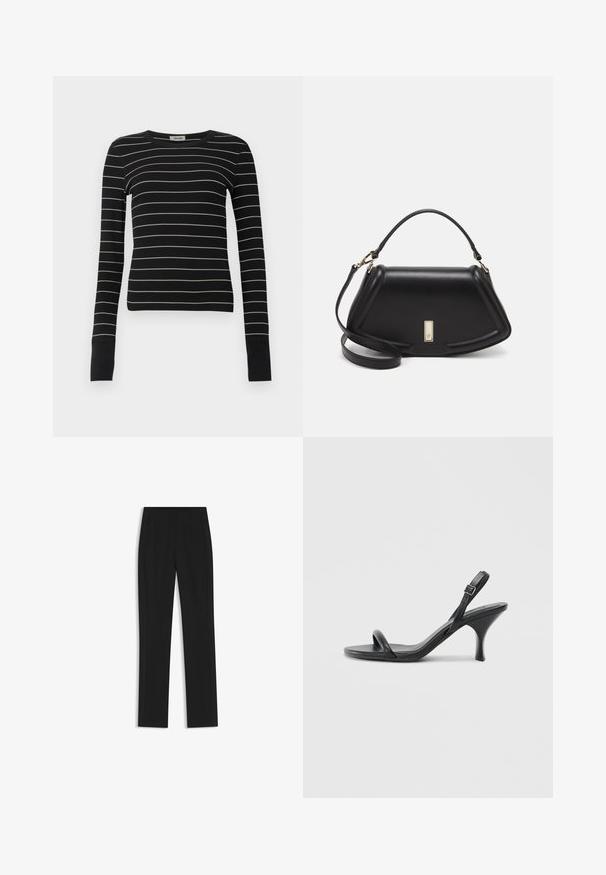 Black long-sleeve fitted top with thin white horizontal stripes and extended cuffs, displayed on a plain white background.; Black tailored trousers with a straight-leg design, featuring front pockets and a smooth, textured fabric. Neat, minimal detailing.; Black leather high-heeled sandals with a slim, curved heel and a crossed strap design. Adjustable ankle strap. Smooth texture.; Black leather handbag with a structured design, featuring a cropped shape, top handle, and gold hardware accent. Adjustable shoulder strap included.