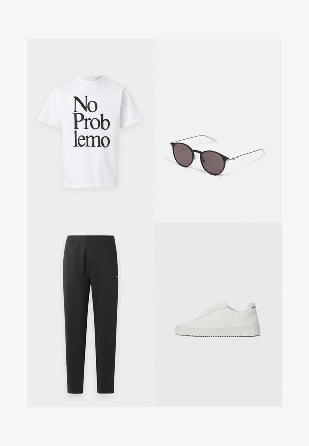 Witte katoenen T-shirt met zwarte tekst "No Problemo" in verschillende lettergroottes. Klassiek crew neck ontwerp met korte mouwen.; Zwarte joggingsbroek gemaakt van zachte stof, met een elastische tailleband, rechte pijpen en een klein logo detail aan de zijkant.; Witte leren sneaker met een gladde afwerking, ronde neus, platte veters en een gestructureerde zool. Kenmerkt zich door een subtiel logo op de hiel.; Zwarte ronde zonnebril met donkere lenzen en slanke metalen armen. Inclusief heldere tempelpunten en zilveren accenten bij de scharnier. Minimalistisch ontwerp.