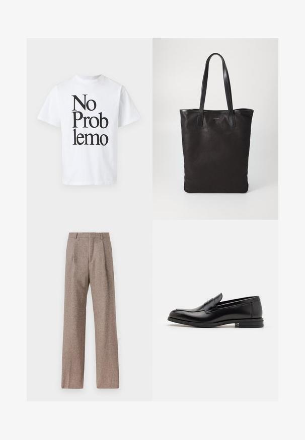 Witte katoenen T-shirt met zwarte tekst "No Problemo" in verschillende lettergroottes. Klassiek crew neck ontwerp met korte mouwen.; Bruine, hooggewaisted broeken van een gestructureerde stof. Heeft wijde benen en twee voorplooien voor extra structuur. Net afgewerkt zonder zichtbare hardware.; Zwarte leren instappers met een gladde textuur, ronde neus en een decoratieve band over de wreef. Lage, gestapelde hak en minimalistisch ontwerp.; Zwarte canvas schoudertas met zwarte leren handvaten. Eenvoudig ontwerp, ruime body en een gladde textuur. Geen zichtbare logo's of patronen.