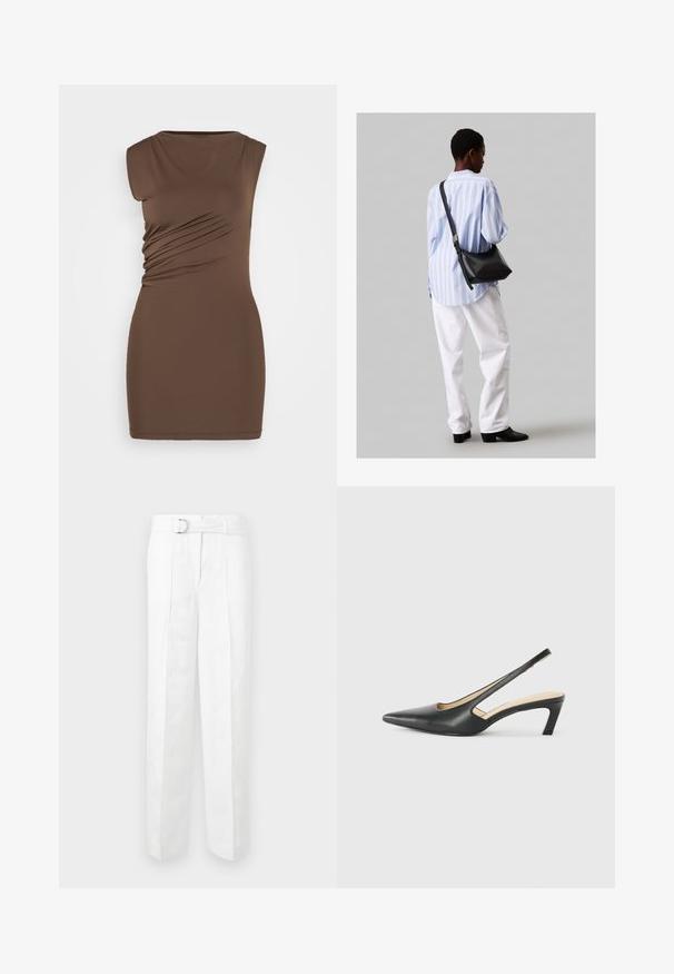 Abito marrone senza maniche con silhouette aderente. Caratterizzato da arricciature laterali e un tessuto liscio ed elastico. Collo rotondo semplice, lunghezza sopra il ginocchio.; Pantaloni bianchi su misura con gamba larga, passanti per cintura e una cintura con fibbia in argento. Realizzati in tessuto leggero con una texture liscia.; Scarpa slingback nera con punta affilata e tacco basso, realizzata in pelle liscia e con un design a taglio laterale per favorire la traspirabilità.; Borsa a tracolla in pelle nera con una texture morbida, forma triangolare e tracolla regolabile, abbinata a una camicia a righe blu chiaro e pantaloni bianchi.