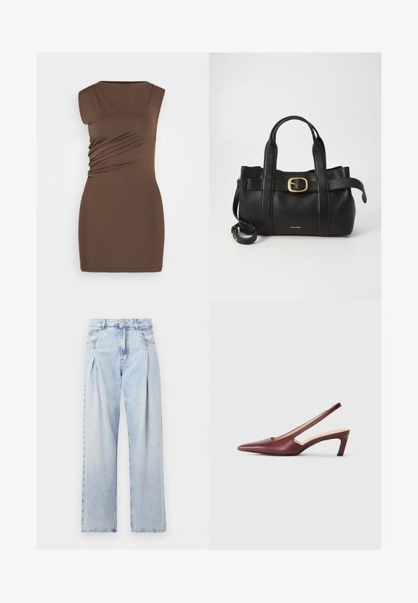 Braunes, ärmelloses Kleid mit taillierter Silhouette. Verfügt über seitliche Raffung und einen glatten, elastischen Stoff. Einfacher, runder Halsauschnitt, knielange Länge.; Helle blaue Denim-Jeans mit hoher Taille, weitem Beinschnitt, zwei seitlichen Taschen und gefaltetem Design. Weiche Textur mit einem ausgebleichten Finish.; Burgunderfarbene Slingback-High Heels mit spitzer Zehenform, Ausschnitten an den Seiten und einem Blockabsatz in mittlerer Höhe. Glatte Lederoberfläche.; Schwarze Lederhandtasche mit strukturiertem Design, doppelten oberen Griffen, goldfarbenem Schnallenakzent und geprägtem Markenlogo auf der Vorderseite.