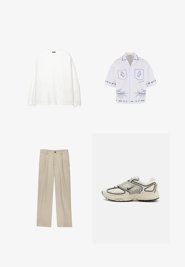 Witte sweatshirt met lange mouwen van katoen. Heeft een ronde hals, verlengde schouders en ribgebreide manchetten. Glad van textuur zonder patronen.; Korte mouwen witte shirt met blauwe grafische ontwerpen, inclusief zakken, olijftakpatroon en contrasterende kraagdetails.; Beige broek met een rechte snit, voorzien van een enkele zwarte knoop, riemlussen en zijzakken. Glad stoffen textuur en een minimalistisch ontwerp.; Witte sportschoen met een bovenwerk van mesh, zwarte accenten en grijze details. Voorzien van een gevoerde zool met "FULL LENGTH NIKE AIR" branding.