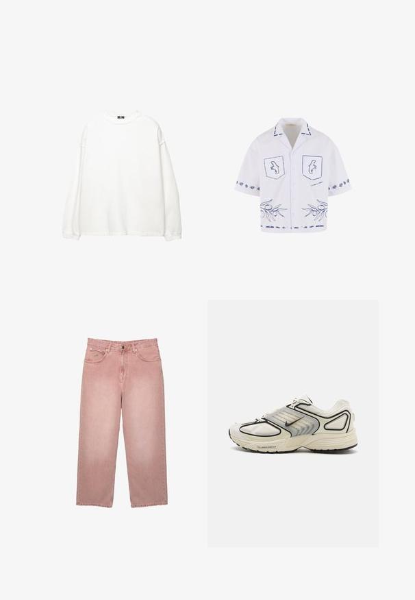 Dlouhý bílý svetr s rukávy vyrobený z bavlny. Má kulatý výstřih, spadlé ramena a ribbovaný konce rukávů. Hladký materiál bez vzorů.; Bílé krátké rukávy košile s modrými grafickými vzory, včetně kapes, vzoru olivového listu a kontrastními detaily límce.; Dámské džíny s vysokým pasem a širokými nohavicemi v vybledlé prachově růžové barvě, s předním knoflíkem, kapsami a poutky na opasek, zobrazené na bílém pozadí.; Bílé sportovní tenisky s síťovinovým svrškem, černými akcenty a šedými detaily. Mají polstrovanou podrážku s nápisem "FULL LENGTH NIKE AIR".