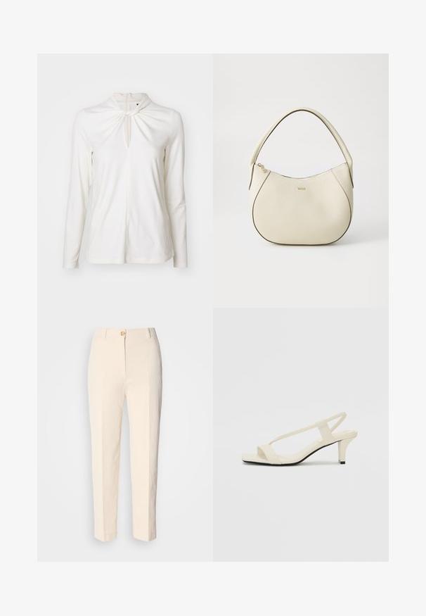 Długi rękaw biały top z detalami w fałdy z przodu i wysokim dekoltem. Wykonany z miękkiego materiału, z zamkiem błyskawicznym z tyłu, co ułatwia zakładanie.; Kremowe, wysokie spodnie wykonane z teksturowanej tkaniny. Posiadają zapięcie na guzik z przodu oraz zwężające się nogawki.; Beżowe sandały na blokowym obcasie z cienkimi ramiączkami i kwadratowym noskiem. Gładki materiał z minimalną ilością detali, zaprojektowane z myślą o łatwym zakładaniu.; Kremowa torebka o teksturowanym wykończeniu, zaokrąglonym kształcie, krótkim uchwycie i złotym logo. Zamek błyskawiczny na górze.