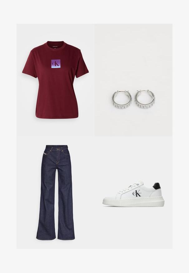 Bordo kokvilnas T-krekls ar kvadrāta logo, kuram ir gradienta purpursarkanas līdz zilas krāsas fons un burtu "cK" tumši purpursarkanā krāsā.; Tumši zili platleņķa džinsi no denima auduma ar augstu jostasvietu, ar oranžām šuvēm, piecu kabatu dizainu un pogu aizdari.; Baltā zema topa sporta apavas ar melnu papēža cilni, platformas zoli, auklēm un Calvin Klein "CK" logo sānos.; Sudraba gredzena auskari ar faktūras dizainu, kas ietver vertikālas rievas. Apaļa forma ar drošu aizdari. Gluda apdare.