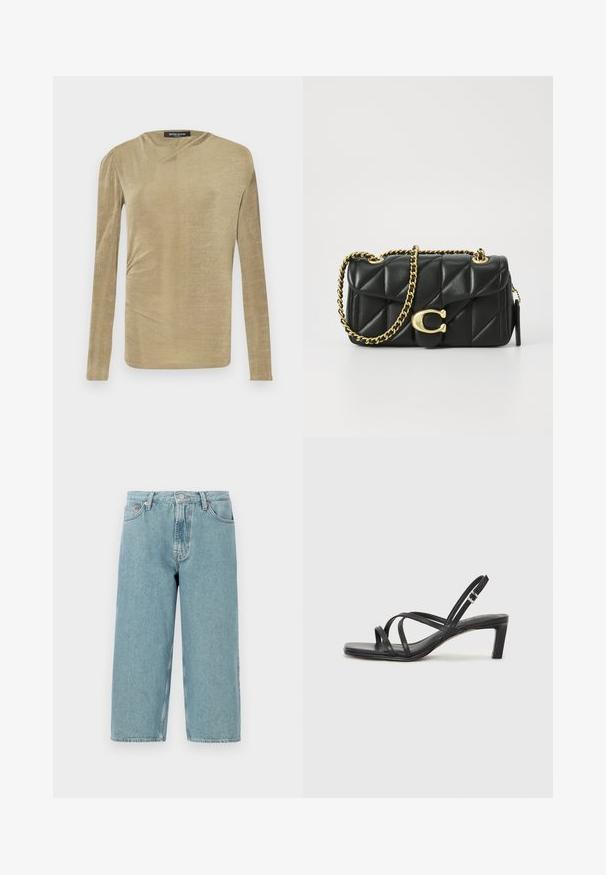 Dolga sleeves majica iz svetlega bež, mehkega materiala z rahlim sijajem. Ima nabran detajl na strani in subtilen čolnasti izrez.; Svijetloplavi traper šortsevi s visokim strukom, ravnog kroja i neuređenim rubovima. Imaju klasično zatvaranje na dugme i patentni zatvarač, te četiri džepa.; Črne natikače s trakovi in kvadratnim prstom ter nizkim blokastim peto. Imajo več tankih trakov in nastavljiv trak okoli gležnja. Narejene so iz gladkega usnja.; Črna kviltana usnjena torbica z zlatim verižnim ročajem in zapiranjem z obročkom, ki ima okroglo okrasje. Kompaktna pravokotna oblika.