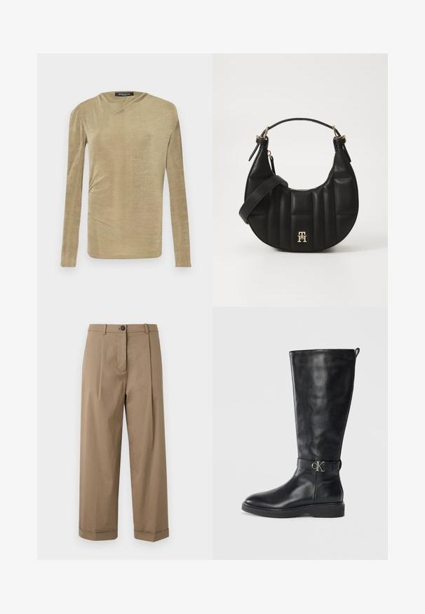 Top a maniche lunghe in beige chiaro, realizzato in un tessuto morbido con una leggera lucentezza. Presenta dettagli arricciati sul lato e un sottile scollo a barca.; Pantaloni larghi marroni con fronte piatto e pince, chiusura con bottone e orli risvoltati, realizzati in tessuto liscio.; Stivale in pelle nera fino al ginocchio con tacco basso, punta rotonda e cinturino con fibbia metallica "CK" attorno alla caviglia.; Borsa a spalla in pelle nera con forma curva, texture trapuntata e dettagli in oro. Presenta una tracolla removibile e dettaglio del logo.