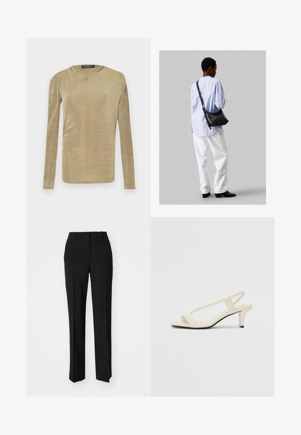 Langærmet bluse i en lys beige farve, lavet af blødt stof med en let glans. Har indsamlede detaljer på siden og en subtil bådringning.; Sorte skræddersyede bukser med lige ben-design, der har en glat tekstur og skarpe folder langs fronten. Ingen synlige hardware.; Beige blokhælede sandaler med tynde remme og en firkantet tå. Glat materiale med minimal detaljering, designet til nem brug.; Sort læder skuldertaske med en blød tekstur, trekantet form og justerbar strop, kombineret med en lyseblå stribet skjorte og hvide bukser.