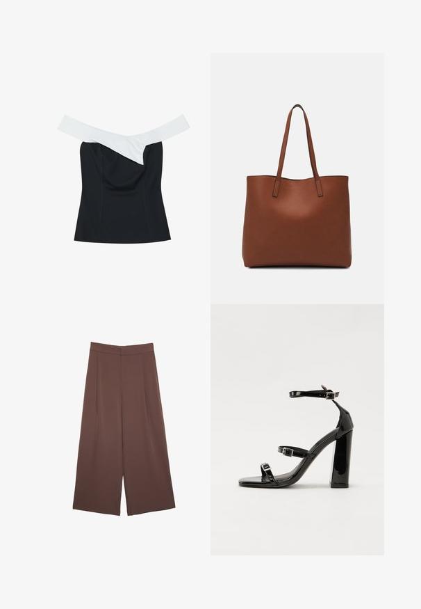 Mustat yläosa, jossa on off-white-nauha, joka ylittää kaula-aukon, ja se on muotoiltu tiukasti ja valmistettu sileästä kankaasta.; Ruskeat leveälahkeiset housut, joissa on sileä pinta, korkea vyötärö ja etupleat. Kangas on kevyttä ja laskeutuu väljänä.; Musta kiiltävä korkokenkä sandaalit neliönmuotoisella varpaalla, nilkkaremmillä ja hopeisilla soljilla. Varustettu tukevalla lohkokorkealla vakauden takaamiseksi.; Ruskea nahkainen olkalaukku, jossa on sileä pinta, avoin yläosa ja kaksi olkahihnaa. Omaavat vain minimaalisen ompelun eikä näkyvää metalliosaa.