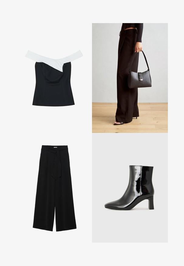 Mustat yläosa, jossa on off-white-nauha, joka ylittää kaula-aukon, ja se on muotoiltu tiukasti ja valmistettu sileästä kankaasta.; Mustat leveät housut, joissa on teksturoitu kangas, joustava vyötärö ja irrotettava nauha vyötäröllä säädettävää istuvuutta varten.; Musta patenttilakattu nilkkuri, jossa on terävä kärki ja keskipitkä lohkarekorko. Silkkinen pinta ja minimalistinen muotoilu.; Musta käsilaukku, jossa on rakenteellinen muoto, sileä pinta ja metallinen solki. Yhdistetty leveisiin mustiin housuihin ja avonaiheisiin sandaaleihin puulattialla.