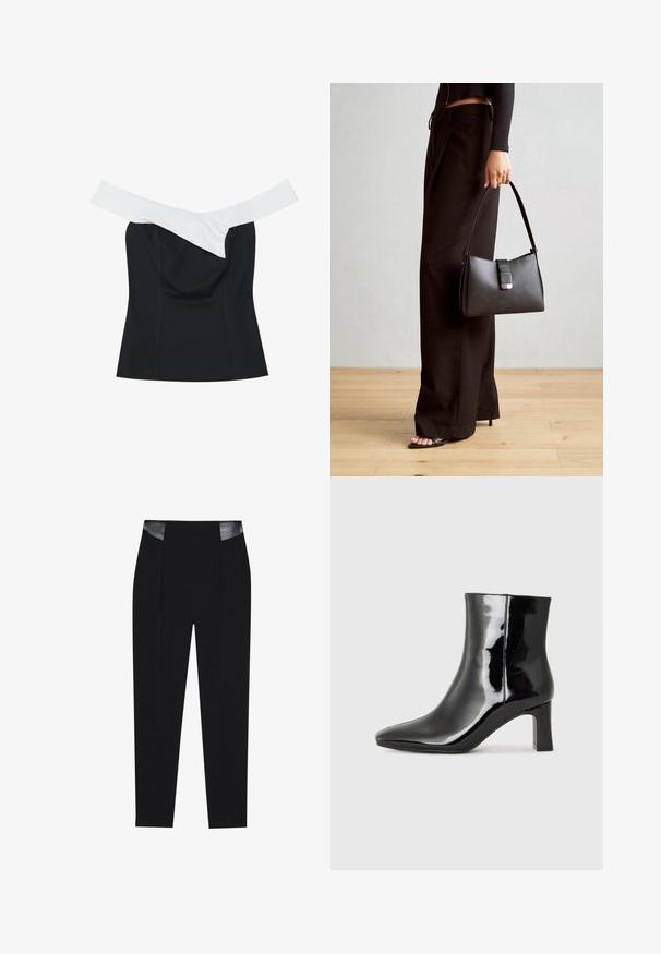 Svart topp med en off-white stripe som krysser ved halsen, med en tettsittende design og glatt stoffstruktur.; Sorte skreddersydde bukser med en elegant design, folder foran, og glansfulle sorte lærdetaljer i midjen. Glatt tøymateriale.; Sorte patentlær ankle boot med spiss tå og en mellomhøy blokkhelt. Glatt tekstur og minimalistisk design.; Svart håndveske med strukturert form, jevn tekstur og metallisk lås. Kombinert med brede svarte bukser og sandaler med åpen tå på tregulv.