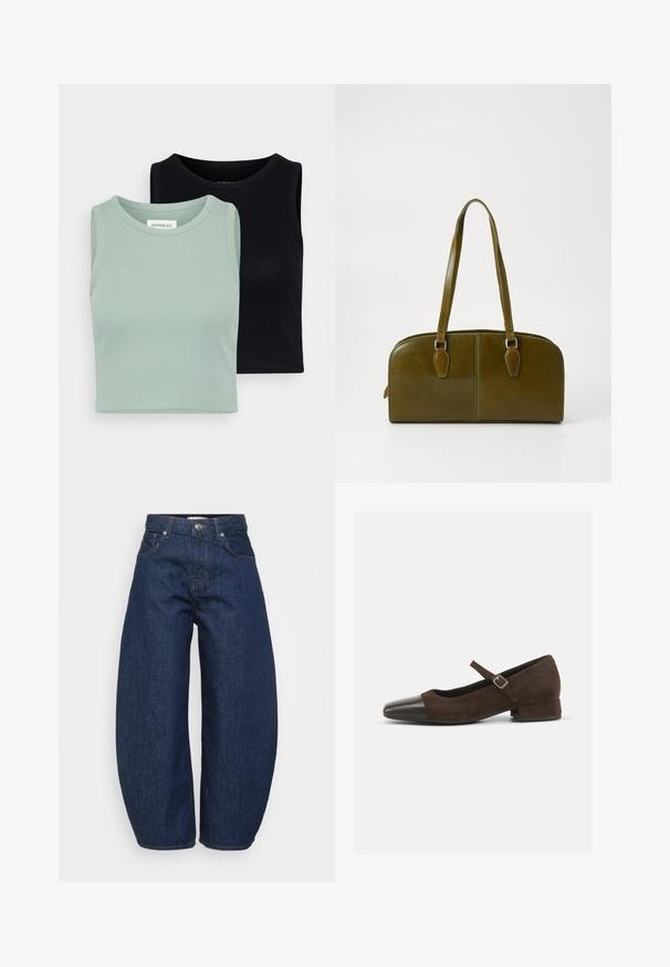 Zestaw dwóch bezrękawników: jeden w jasnym miętowym zielonym kolorze, a drugi w czarnym. Posiadają miękką, prążkowaną teksturę oraz klasyczny dekolt w serek.; Jeansy dżinsowe w ciemnoniebieskim kolorze z wysokim stanem i szerokimi nogawkami, z zapięciem na guziki i suwak z przodu oraz klasycznym pięciopocketowym designem.; Brązowe zamszowe buty typu Mary Jane z czarnym lakierowanym noskiem, regulowanym paskiem i niskim, blokowym obcasem. Gładka tekstura z minimalnymi akcentami.; Oliwkowa skórzana torebka w zaokrąglonym kształcie, z podwójnymi uchwytami i gładkim przodem. Posiada gładką teksturę i subtelne detale w postaci szwów.; Srebrny kolczyk w kształcie koła z polerowanym wykończeniem, z małymi złotymi akcentami, noszony na płatku ucha.