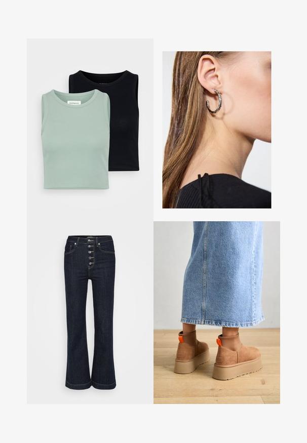 Kaksiosainen ilmanhihaisten toppien setti: yksi vaalean mintunvihreä ja toinen musta. Ominaisuuksina pehmeä, ribattu pinta ja klassinen pyöreä kaula-aukkosuunnittelu.; Tummansiniset korkeavyötäröiset leveälahkeiset farkut, joissa on viisi hopeista nappia edessä ja kontrastiväristä ompelua taskujen ja saumojen ympärillä.; Ruske mokasine z platformo in elastiko na straneh ter oranžnimi zategovalnimi trakovi, v kombinaciji z osnovno dolžino svetle denim krila na lesenem podu.; Hopea renkaankorvakoru kiiltävällä pinnalla, jossa on pieniä kultaisia yksityiskohtia ja pyöreä muoto, käytetty korvalla.