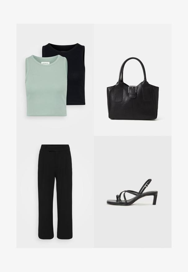 Set od dva topa bez rukava: jedan u svijetloj mint zelenoj boji i jedan u crnoj. Imaju meku, rebrastu teksturu i klasičan dizajn s ovalnim izrezom.; Crne široke hlače od glatkog materijala, s ravnim prednjim dijelom, petljama za remen i bez vidljivih džepova. Čist, krojen dizajn.; Crne sandale s trakama, kvadratnim prstom i niskom blok petom. Ima više tankih trakica i podesivu trakicu oko gležnja. Izrađene su od glatke kože.; Crna kožna torba za nošenje s glatkom teksturom, strukturiranim oblikom, dvije ručke i istaknutim srebrnim kopčanjem na prednjoj strani.