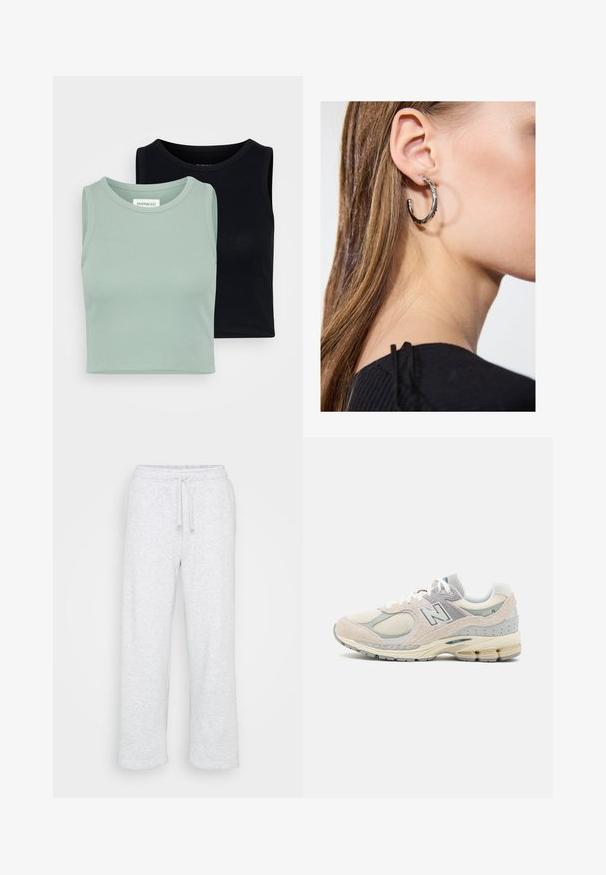 Set of two sleeveless tops: one in light mint green and one in black. Features soft, ribbed texture and classic crew neckline design.; Light grey cotton sweatpants with elastic waistband and drawstring, straight leg cut, no visible logos or patterns.; Light gray and tan New Balance sneaker with suede and mesh material, padded collar, thick sole, and reflective accents. Laced design.; Silver hoop earring with a polished finish, featuring small gold accent details and a round shape, worn on the lobe.