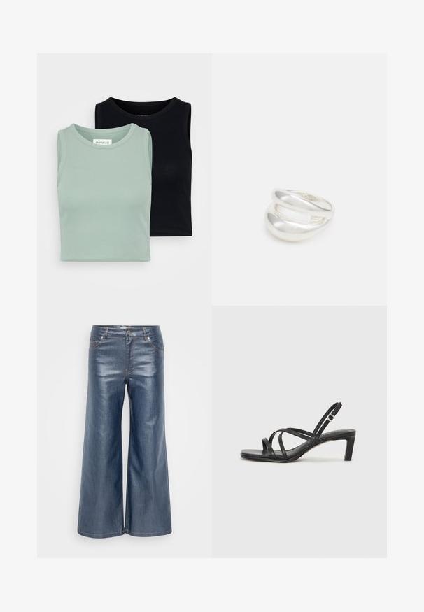 Kaks t-särki ilma varrukateta: üks helesinisest rohelisest ja teine must. Omab pehme ribakujulist tekstuuri ja klassikalist ümmargust kaelust.; Tumedateed denim püksid tumedas sinises, mis omavad siledat tekstuuri, viie tasku disaini ja kontrastset õmblust. Esiküljel nupuga ja lukuga sulgemine.; Mustast rihmajalatsid ruudukujulise varba ja madala ploki kontsaga. Omab mitmeid õhukesi rihmasid ja reguleeritavat pahkluu rihma. Valmistatud siledast nahast.; Hõbedane kahekordne rõngas sujuva, poleeritud pinnaga. Omab voolavat, kõverat disaini, millel on kattuvad sektsioonid, et saavutada kaasaegne ilme.; Hõbedane kahekordne rõngas sujuva, poleeritud pinnaga. Omab voolavat, kõverat disaini, millel on kattuvad sektsioonid, et saavutada kaasaegne ilme.