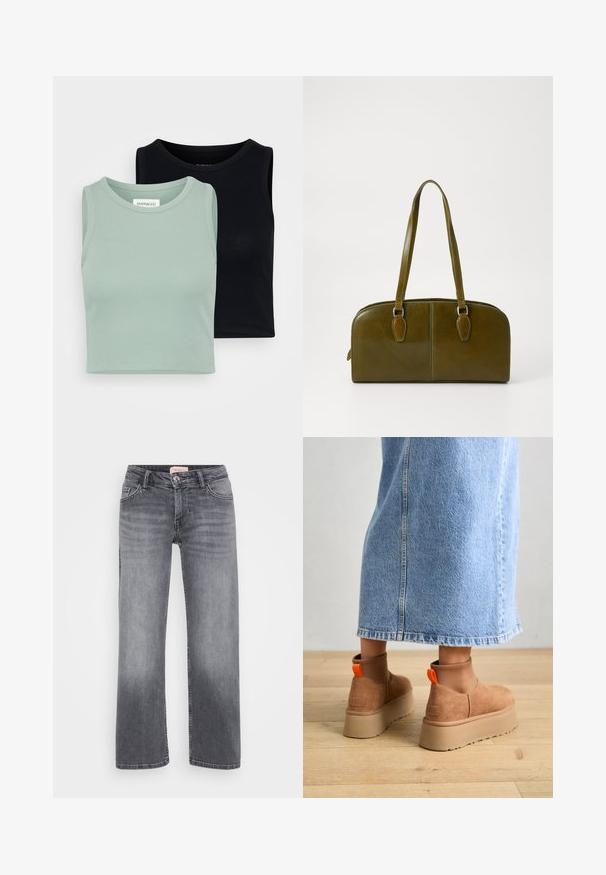 Set of two sleeveless tops: one in light mint green and one in black. Features soft, ribbed texture and classic crew neckline design.; Gray denim jeans with a straight leg design, five-pocket style, subtle fading, and a button closure at the waist.; Brown suede platform boots with elastic side panels and orange pull tabs, paired with a knee-length light denim skirt on a wooden floor.; Olive green leather handbag with a rounded shape, dual handles, and seamless front. Features a smooth texture and subtle stitching details.; Silver hoop earring with a polished finish, featuring small gold accent details and a round shape, worn on the lobe.