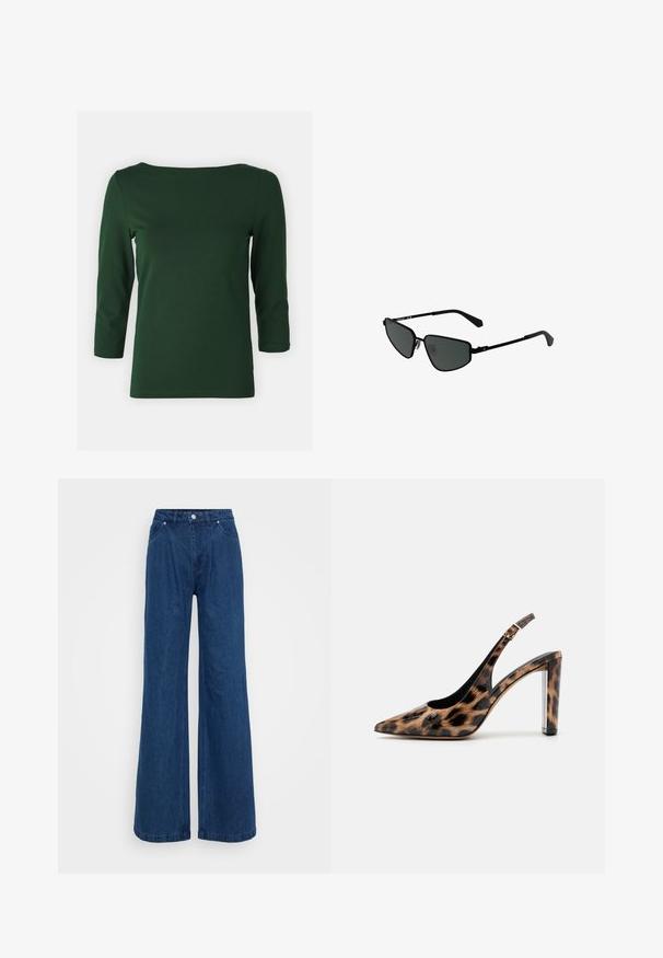 Dark green, long-sleeve top with a boat neckline. Smooth texture, fitted design, and mid-length sleeves. No visible patterns or accents.; Wide-leg blue denim jeans with a high waist, front button and zipper closure, and front and back pockets against a plain background.; Leopard print slingback pump with a pointed toe and transparent block heel. Made of glossy material with a smooth texture.; Black metal sunglasses with angular frames and dark lenses. Features thin, straight arms and nose pads for secure fit.