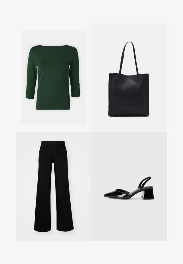 Tamsiai žalia ilgomis rankovėmis palaidinė su laivagalio iškirpte. Sklandi tekstūra, prigludęs dizainas ir vidutinio ilgio rankovės. Nėra matomų raštų ar akcentų.; Juodos plačios kelnės iš denimo, turinčios struktūruotą juosmenį, diržo kilpas ir priekines kišenes. Lygus paviršius su klasikinio dizaino elementais.; Juodos lakuotos odinės šlepetės su smailiu pirštu ir geometriniu bloko kulnu. Turi elegantišką, minimalistinį dizainą ir lygų paviršių.; Juodas odinis tote krepšys su lygia tekstūra, stačiakampio formos ir dviem ilgais rankenomis. Matomų metalinių detalių ar puošybos nėra.