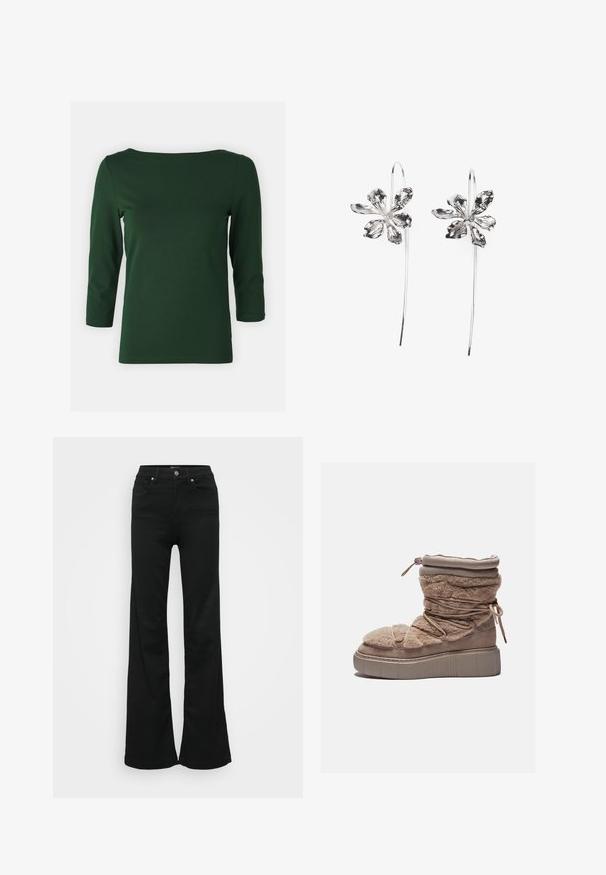 Tamnozelena, dugih rukava, majica s brojnim izrezom. Gladak materijal, prilagođen kroj i rukavi srednje duljine. Nema vidljivih uzoraka ili naglasaka.; Crne široke traperice od denima, s visokim strukom, pet džepova i metalnim zatvaračem. Glatka tekstura s minimalnim detaljima.; Krznene bež čizme do gležnja s debelim platformom, sabranim gornjim dijelom i elastičnim vezicama. Imaju zatvaranje na zip i mekanu teksturu tkanine.; Srebrne naušnice u obliku cvijeta s teksturiranim završetkom, s dugim kukama i detaljima nalik laticama za složen dizajn.