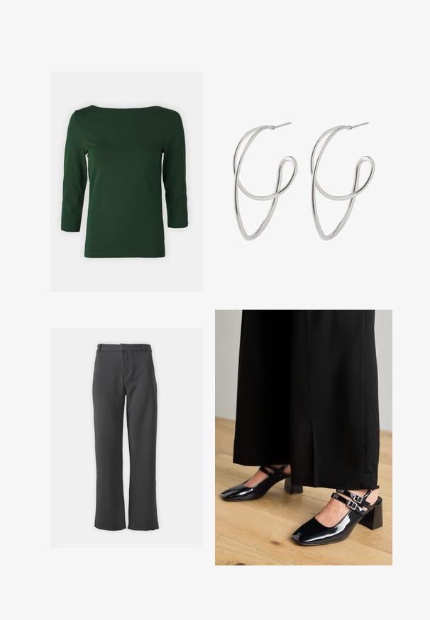 Tumši zaļš, garām piedurknēm tops ar laivu izgriezumu. Gluda tekstūra, pieguļoša forma un vidēja garuma piedurknes. Nav redzami raksti vai akcenti.; Tumši pelēki bikses ar taisna griezuma dizainu, ar gludu tekstūru, jostu cilpām un priekšējo atvēršanu ar kabatām.; Melnās patentā ādas slingback kurpes ar kvadrātveida purngalu, ar divām regulējamām potīšu siksnām un bloku papēžiem. Gluda, spīdīga apdare.; Sudraba tonis metāla riņķveida auskari ar savītu dizainu, kas izceļas ar gludu, pulētu tekstūru un plānu stieples konstrukciju.