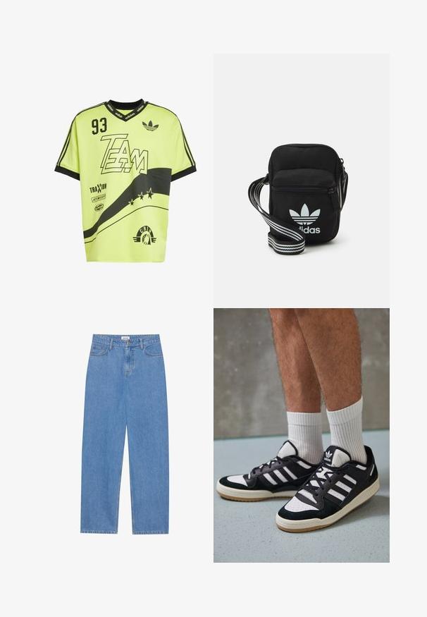 Citrons zaļš sporta krekls ar melniem akcentiem, ar grafisku apdruku, apaļu kakla izgriezumu, īsām piedurknēm un dažādām sponsoru logo.; Gai zili džinsi ar taisnu piegriezumu, piecu kabatu dizainu, vienu pogu aizdari un diskrētu šuvju detaļu.; Melnas un baltas kedas ar zamša un ādas augšdaļu, kas aprīkotas ar trim baltām svītrām, perforētu purngali un gumijas zolēm.; Melna auduma crossbody soma ar rāvējslēdzēja aizdari, kurai ir balts Adidas logo un svītrainas regulējamas siksnas ērtiem pārvietošanās veidiem.
