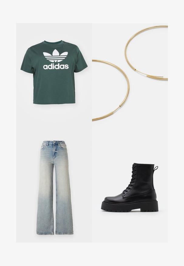 adidas Originals TEE BOXY - Marškinėliai su spaudiniu - mineral green; Šviesiai mėlynus plačius džinsus, pagamintus iš džinsinio audinio, su aukštu liemeniu, penkiomis kišenėmis ir matomais siūlėmis.; Juodos odinės aulinukės su apvalia nosimi, raišteliais priekyje ir storesniu guminio pado apačioje su tekstūruotu raštu. Priekyje yra kilputė.; Aukso spalvos žiedo auskarai, ploni ir apvalūs, su lygiu metaliniu paviršiumi be papuošimų ar raštų.