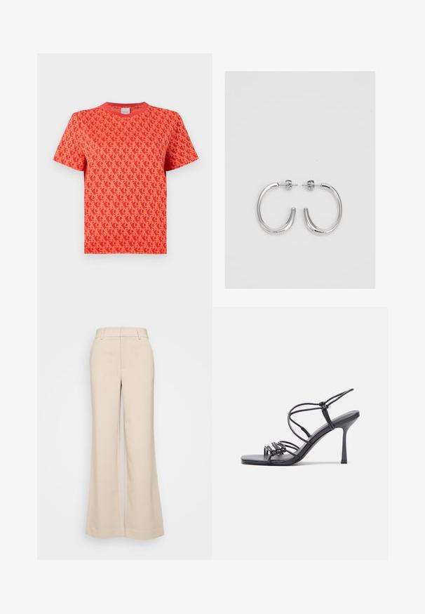 Punane lühikeste varrukatega T-särk, millel on tumedamas toonis korduv logo muster. Klassikaline lõige, ümar kaelus ja pehme tekstuur.; Beeži laiad püksid sujuva tekstuuriga, kõrgendatud vöökoht ja kaks eesmist taskut. Puhtas disain, mis on kohandatud sobivusega.; Mustad musta värvi kontsandaalid on varustatud peente rihmadega, millel on sõlmekujundus, siledad ruudukujulised varbad ja stiilne stilettokonts.; Hõbedased rõngaskõrvarõngad, millel on sile ja läikiv pind. Ümar kuju, kerge disain, millel on post-tagumise kinnituse süsteem.