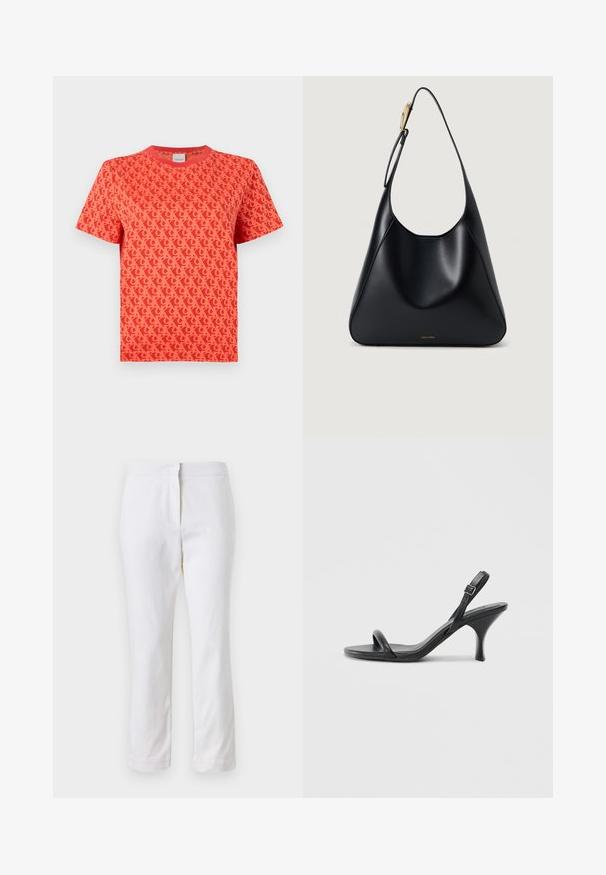 Red short-sleeve t-shirt featuring a repeating logo pattern in a darker shade. Classic fit with a crew neckline and soft texture.; White cotton pants with a straight leg design, featuring a mid-rise waist and no visible hardware or patterns. Smooth texture throughout.; Black leather high-heeled sandals with a slim, curved heel and a crossed strap design. Adjustable ankle strap. Smooth texture.; Black leather shoulder bag with a smooth texture, curved silhouette, and a gold hardware accent. Features embossed brand logo at the base.