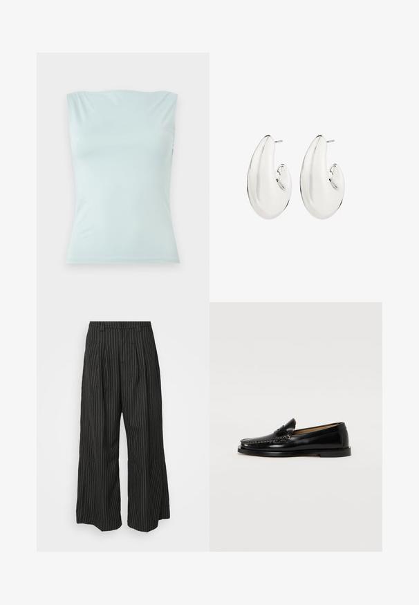 Svetle modrý bezrukávový top vyrobený z hladké tkaniny. Má kulatý výstřih a přiléhavý střih s minimem švů.; Černé široké kalhoty s pruhy a sklady, s propracovaným střihem a jemnou texturou. Žádné viditelné kovové díly ani akcenty.; Černé kožené mokasíny s kulatou špičkou, dekorativním prošíváním a plochou podrážkou. Hladký povrch a minimalistický design.; Stříbrné náušnice s prodlouženým, zakřiveným designem. Hladký, lesklý povrch s propíchnutým zapínáním.