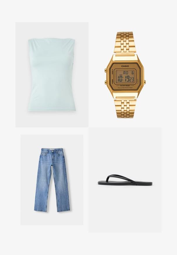 Világoskék, ujjatlan felső sima anyagból. Lekerekített nyakkivágással és testhez simuló siluettel rendelkezik, minimális varrásokkal.; Világoskék farmernadrág egyenes lábakkal, öt zsebbel, elől gombos záródással és finom kopásokkal a textúra érdekében.; Fekete papucs, minimalista dizájnnal, lapos talppal, keskeny pántokkal és sima felülettel. Nincs további minta vagy díszítés.; Arany színű digitális óra téglalap alakú számlappal, LCD kijelzővel, rozsdamentes acél szíjjal és oldalsó gombokkal. Vízálló felirat található rajta.