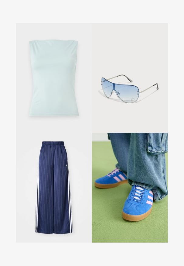 Šviesiai mėlyna, be rankovių palaidinė, pagaminta iš lygaus audinio. Turi apvalų iškirpimą ir prisitaikantį siluetą su minimaliais siūlės.; Tamsiai mėlynos plačios kojos kelnės su vertikaliomis baltomis juostelėmis, elastinga juosmens juosta ir trimis baltomis juostelėmis kiekvienoje pusėje, pagamintos iš lengvos medžiagos.; Mėlyni zomšiniai bateliai su rožinėmis juostelėmis ir baltais raišteliais, turintys guminį padą, derinami su laisvais džinsiniais kelnais ant žalios paviršiaus.; Aviatoriai akiniai su gradientiniais mėlynais objektyvais, sidabriniu metaliniu rėmu ir dekoratyvinėmis žvaigždžių akcentais ant objektyvų. Lygaus ir stilingo dizaino.