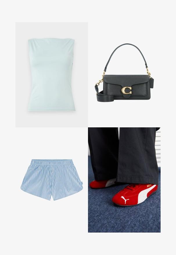 Light blue, sleeveless top made of smooth fabric. Features a rounded neckline and a fitted silhouette with minimal seams.; Blue and white striped shorts with an elastic waistband, two buttons on the front, and a relaxed fit. Fabric appears smooth with a lightweight texture.; Red suede sneakers with white accents, featuring textured material, round toe, and a gold logo on the side, worn with black pants.; Black leather handbag with a gold hardware accent, featuring a signature clasp, a detachable shoulder strap, and textured surface.