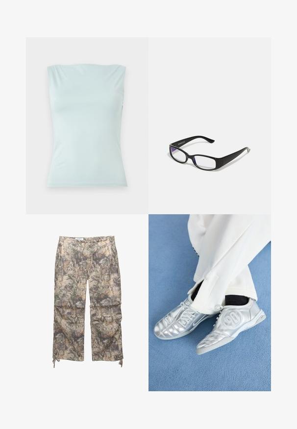 Top bleu deschis, fără mâneci, realizat dintr-un material neted. Prezintă un decolteu rotund și o siluetă ajustată cu cusături minime.; Pantaloni cu model camuflaj, confecționați dintr-un material ușor, cu talie elastică, buzunare laterale și șnururi ajustabile la glezne.; Pantofi sport argintii cu un finisaj neted și lucios, având un design cusut și cifra 90 pe lateral, asortați cu pantaloni albi.; Ochelari dreptunghiulari negri cu lentile clare. Finisaj lucios, brațe înguste și nuanță purpurie vizibilă la marginea lentilelor.