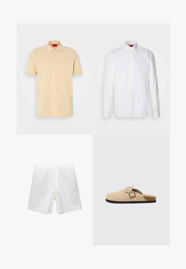 Beige poloko vyrobené z bavlny s límcom, dvojitým zapínaním na gombíky a vyšívaným logom "HUGO" na hrudi. Hladká textúra.; Biela košeľa s dlhým rukávom vyrobená z bavlny, s klasickým golierom, predným zapínaním na gombíky a hladkou textúrou. Červený detail na vnútornej strane goliera.; Biele bavlnené šortky s elastickým pásom a šnúrkou, bočnými vreckami a rovným strihom so zaoblenými okrajmi.; Bežové semišové clogs na klinoch so korkovou stielkou, zaoblenou špičkou a jednoduchým remienkom so zlatým sponou. Gumová podrážka pre lepšiu priľnavosť.