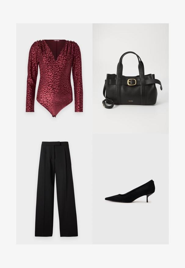 Burgundy long-sleeve bodysuit featuring a leopard print, deep V-neckline, and decorative gold accents on the shoulder. Soft, stretchy material.; Black wide-leg trousers with a smooth texture, featuring a flat front and tailored waistband. Simple design without visible hardware or patterns.; Black suede high heel shoe with a pointed toe and a slim, low heel. Smooth texture with a sleek design, featuring no visible hardware.; Black leather handbag featuring a structured design, dual top handles, gold-tone buckle accent, and embossed brand logo at the front.