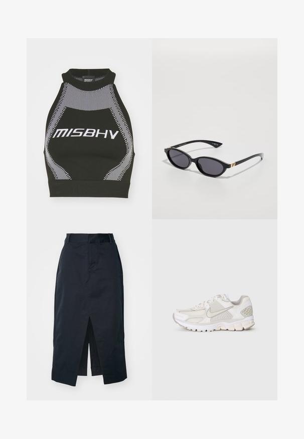 Melna halter stila crop top ar augstu apkakli, ar baltām svītrām un 'MISBHV' logo, izgatavots no gludas, elastīgas auduma.; Tumši jūras zila midi svārki, izgatavoti no kokvilnas maisījuma auduma, ar priekšējo spraugu, slēptu rāvējslēdzēju un sānu kabatām funkcionalitātei.; Biežņu sporta apavi ar sietu un sintētiskām materiālām. Piedāvā teksturētu dizainu, mīkstu apkakli un ģeometriskus akcentus uz papēža.; Melni saulesbrilles ar ovālām lēcām, tumši gradienta tonējumā, un šaurām kājām ar smalkiem zelta akcentiem. Gluda plastmasas apdare.