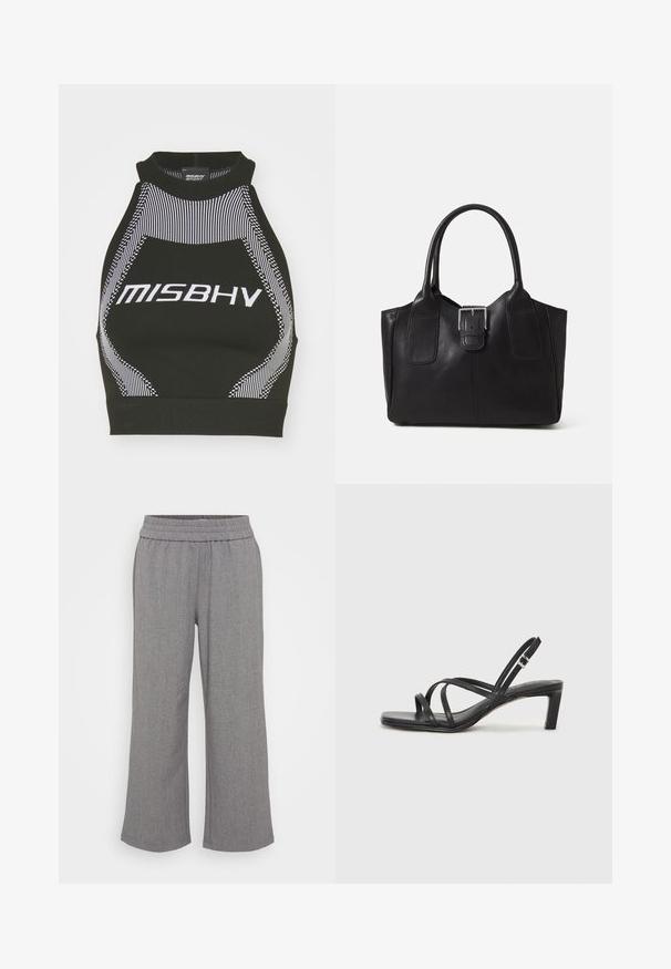 Schwarzes Halsband-Top mit hohem Ausschnitt, versehen mit weißen Streifenakzenten und dem 'MISBHV'-Logo, aus einem glatten, dehnbaren Stoff gefertigt.; Graue, weit geschnittene Hosen aus einem strukturierten Stoff mit einem elastischen Bund. Sie verfügen über ein dezentes Muster und haben weder Taschen noch Verschlüsse.; Schwarze Sandale mit Riemchen, quadratischer Zehenform und niedrigem Blockabsatz. Verfügt über mehrere dünne Riemen und einen verstellbaren Knöchelriemen. Hergestellt aus glattem Leder.; Schwarze Leder-Tote mit glatter Textur, strukturiertem Design, zwei Griffen und einem auffälligen silbernen Schnallen-Detail auf der Vorderseite.