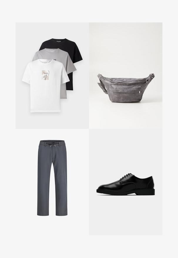 Drie t-shirts in wit, grijs en zwart. Korte mouwen, ronde hals. Het witte shirt heeft een subtiele grafische print van schedels. Van katoen.; Grijze, elastische broek met een trekkoord. Rechtoe-rechtaan ontwerp, gemaakt van een gladde stof, met minimale stiksels en geen zichtbare hardware.; Zwarte leren dresschoenen met een gladde afwerking, ronde neus, vetersluiting en een bescheiden rubberen zool voor grip.; Grijze suède heuptas met een ronde vorm, twee met rits afgesloten compartimenten en een verstelbare band. Voorzien van metalen accenten.