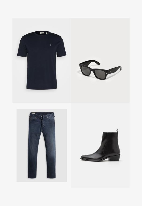T-maica mornarine iz bombaža s krojem okroglega izreza, kratkimi rokavi in majhnim vezenim logotipom na levem prsnem delu. Mehek material, standardna prileganje.; Temno modri kavbojke z ravnim krojem, z zadrgo in kovinskimi gumbi ter bakrenimi zakovicami. Gladka tekstura, brez vidnih vzorcev.; Zign LEATHER - Gležnjar v kavbojskem in motorističnem slogu - black; Črne sončne očala s kvadratnim okvirjem, ki imajo temna leča. Okrašena z malimi zlatimi pikami in zlatim logotipom na ročaju. Gladka tekstura.