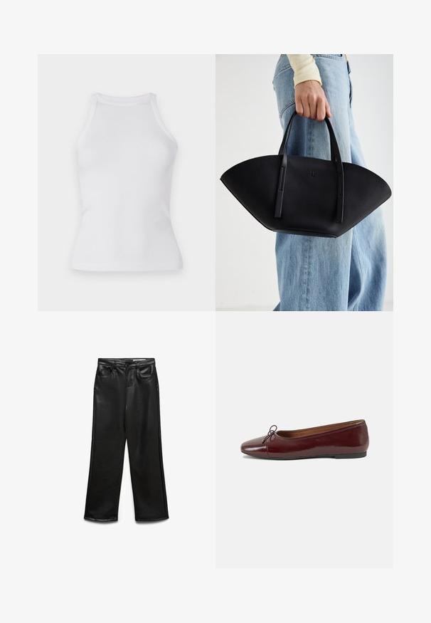 Valge ribadega tank top, millel on sobiv disain, ümmargune kaelus ja ilma varrukateta. Valmistatud venivast kangast, et tagada mugavus ja liikumisvabadus.; Mustad kunstnahast laiade säärtega püksid esitaskutega, vööaasadega ja õrnalt läikiva pinnaga. Sile tekstuur ja kohandatud sobivus.; Burgundi patendnahk kingad balletitüüpi, ümmarguse ninaosa, ees väike paelaaktsent ja madal must kummist tald. Sile tekstuur.; Must mustra kott, millel on unikaalne fännikujuline disain, millel on lapikud käepidemed. Pinna tekstuur on kivikujuline ja disain on minimalistlik.
