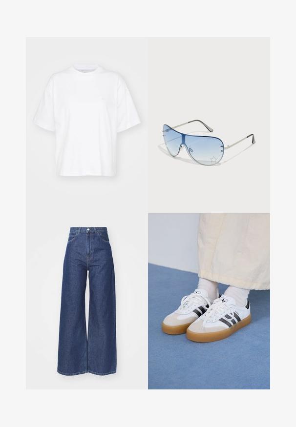 Bela bombažna majica s kratkimi rokavi, okroglim izrezom in sproščenim krojem. Ima subtilen logotip na levem prsnem območju. Gladka tekstura.; Široke kavbojke iz temno modrega denima. Visok pas z zadrgo in gumbom. Klasičen pet-žepni stil in obrobljeni robovi.; Bele tene škornje s črnimi črtami in bež usnjenimi detajli. Imajo teksturirano gumijasto podplat in ravne bele vezalke, nosijo se z svetlimi nogavicami.; Pilotne sončne očala z gradijentnimi modrimi lečami, srebrnim kovinskim okvirjem in okrasnimi zvezdastimi detajli na lečah. Gladek in eleganten dizajn.