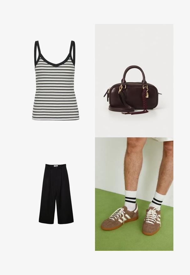 Čierno-biely pruhovaný tielko s výstrihom do V a tenkými ramienkami, s rebrovanou textúrou a čiernym lemovaním pozdĺž výstrihu a armhole.; Čierne široké nohavice s vysokým pásom, plisovaným predným dielom a zapínaním na gombík. Vyrobené z hladkej tkaniny s módnym strihom.; Hnedé zamatové tenisky s bielymi akcentmi a šnúrkami. Gumová podrážka. Nosené s bielymi ponožkami so čiernymi pruhmi. Zelená textúrovaná podlaha.; Tmavo hnedá kožená kabelka s opletenou strapcom, zlatou kovovou sponou, dvojitými uchami a odnímateľným ramenným popruhom na bielom pozadí.