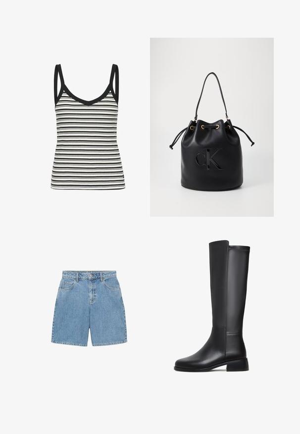 Top a righe bianche e nere con scollo a V e spalline sottili, caratterizzato da una texture a coste e bordo nero lungo il collo e le aperture delle braccia.; Shorts in denim azzurro chiaro, con vita alta, quattro tasche e cuciture visibili. Realizzati in tessuto denim testurizzato.; Stivale in pelle nera al ginocchio con texture liscia, punta rotonda, tacco basso a blocco e dettagli di cucitura sottile lungo il lato.; Borsa a secchiello in pelle nera con chiusura a cordoncino, caratterizzata da un logo "CK" lucido sulla parte anteriore e dettagli in hardware dorato.